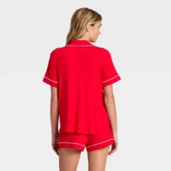 Women's Cloud Knit Short Sleeve Notch Collar Shirt And Shorts Pajama Set - Auden™