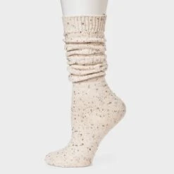 Women's Cotton Blend Ribbed Fleck Slouch Crew Boot Socks - Auden™ Ivory 4-10